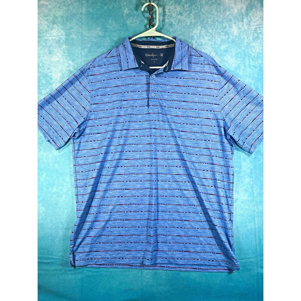 Walter Hagen 11 Men’s L Blue Striped Stretch Preformance Golf Tennis Polo